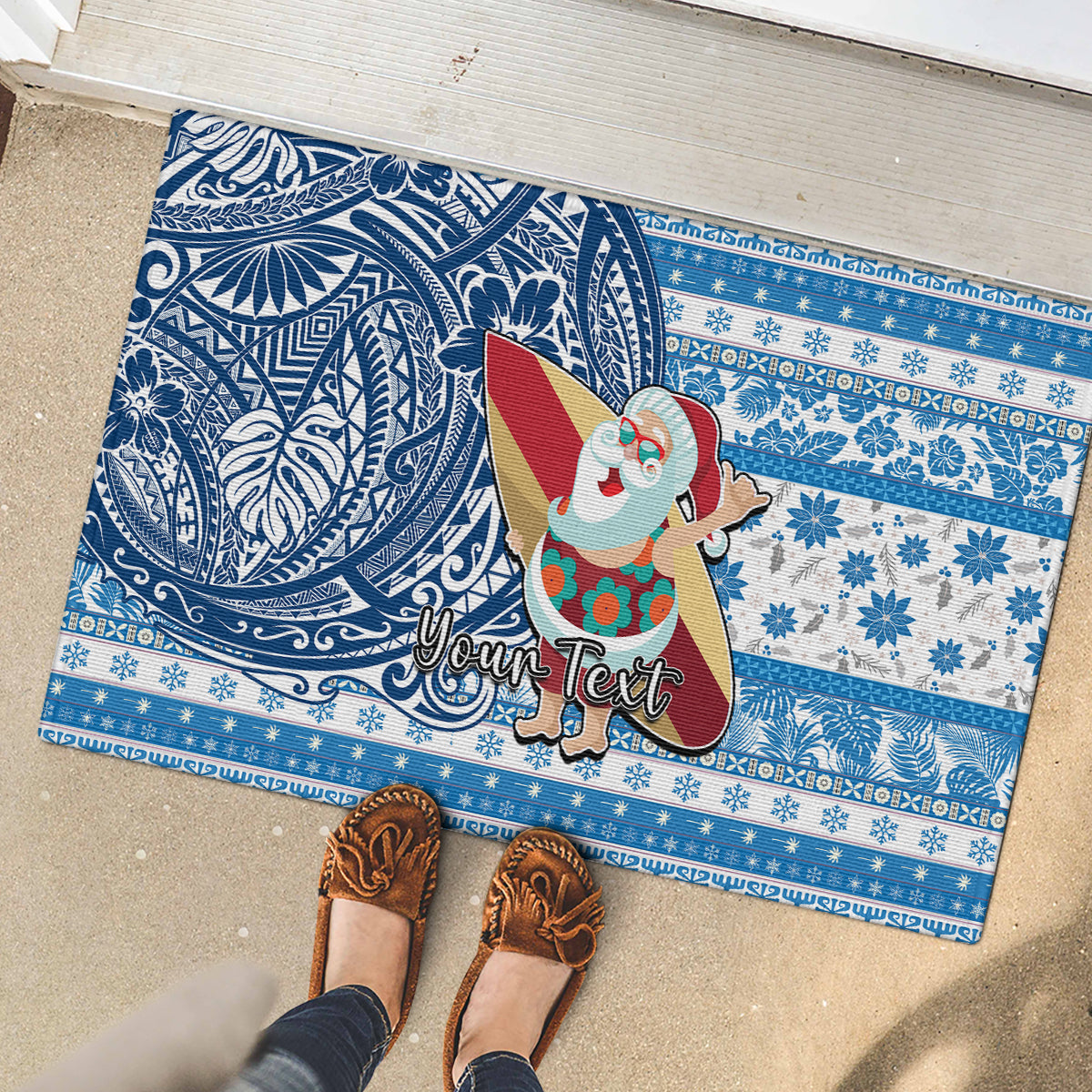 Custom Hawaii Mele Kalikimaka Rubber Doormat Santa Claus Surfing with Hawaiian Pattern Striped Blue Style LT03 - Polynesian Pride
