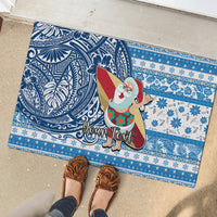 Custom Hawaii Mele Kalikimaka Rubber Doormat Santa Claus Surfing with Hawaiian Pattern Striped Blue Style LT03 - Polynesian Pride