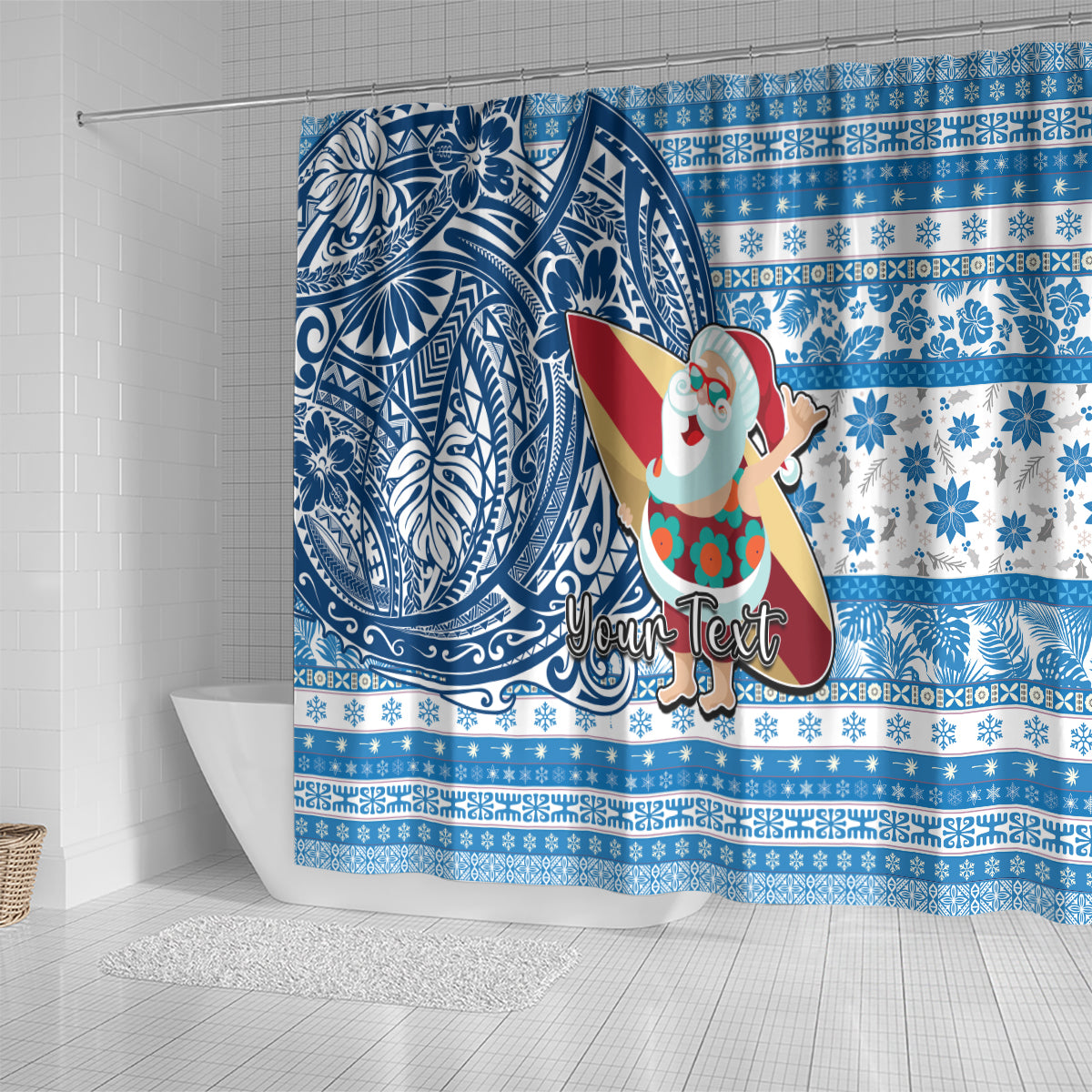 Custom Hawaii Mele Kalikimaka Shower Curtain Santa Claus Surfing with Hawaiian Pattern Striped Blue Style LT03 - Polynesian Pride