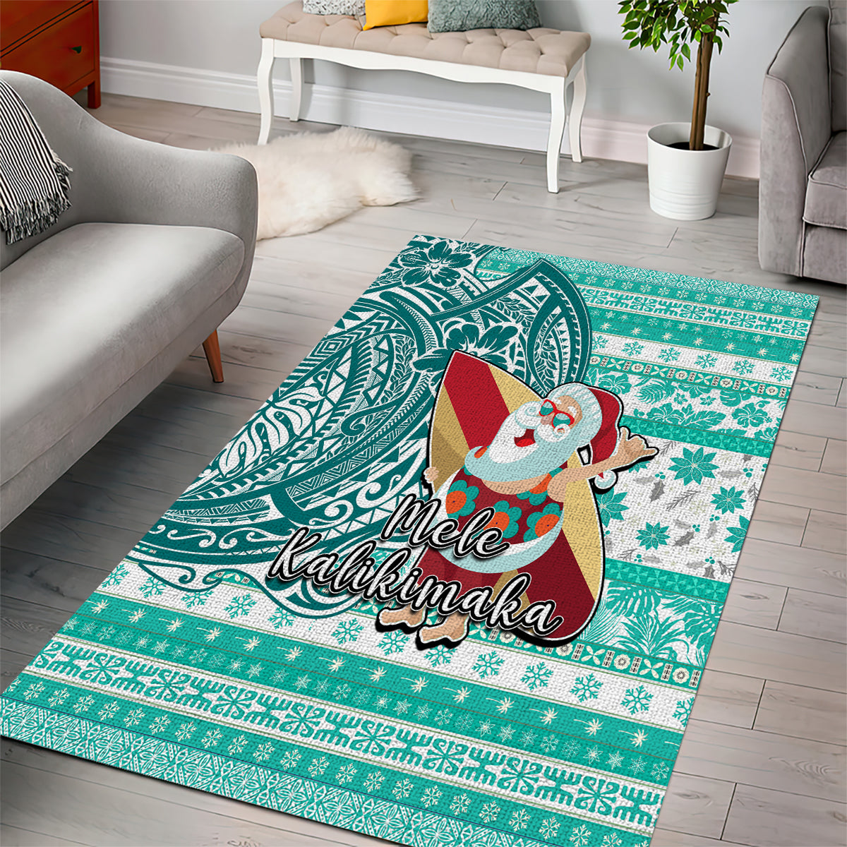 Hawaii Mele Kalikimaka Area Rug Santa Claus Surfing with Hawaiian Pattern Striped Turquoise Style LT03 - Polynesian Pride