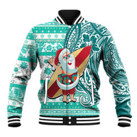 Hawaii Mele Kalikimaka Baseball Jacket Santa Claus Surfing with Hawaiian Pattern Striped Turquoise Style LT03 Unisex Turquoise - Polynesian Pride
