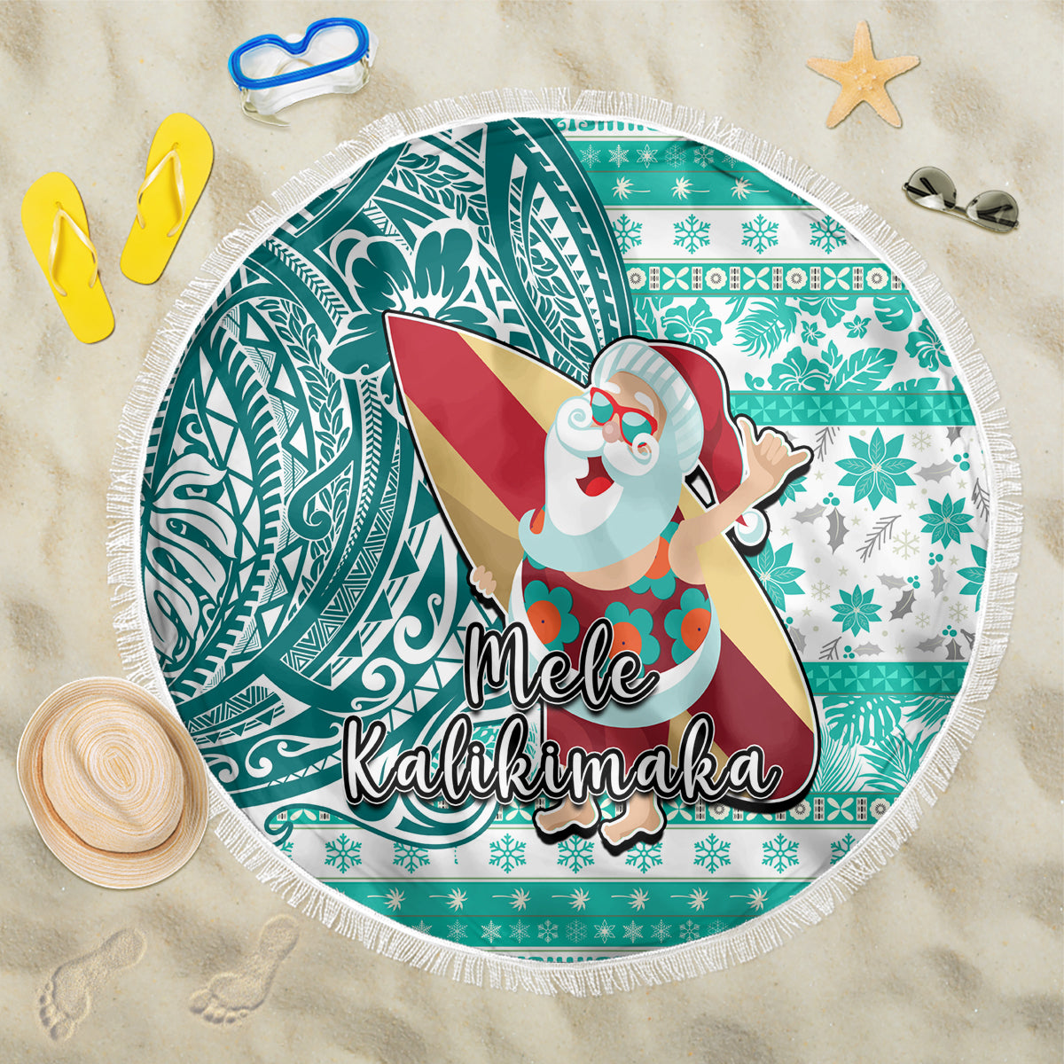 Hawaii Mele Kalikimaka Beach Blanket Santa Claus Surfing with Hawaiian Pattern Striped Turquoise Style LT03 One Size 150cm Turquoise - Polynesian Pride