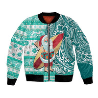 Hawaii Mele Kalikimaka Bomber Jacket Santa Claus Surfing with Hawaiian Pattern Striped Turquoise Style LT03 Unisex Turquoise - Polynesian Pride