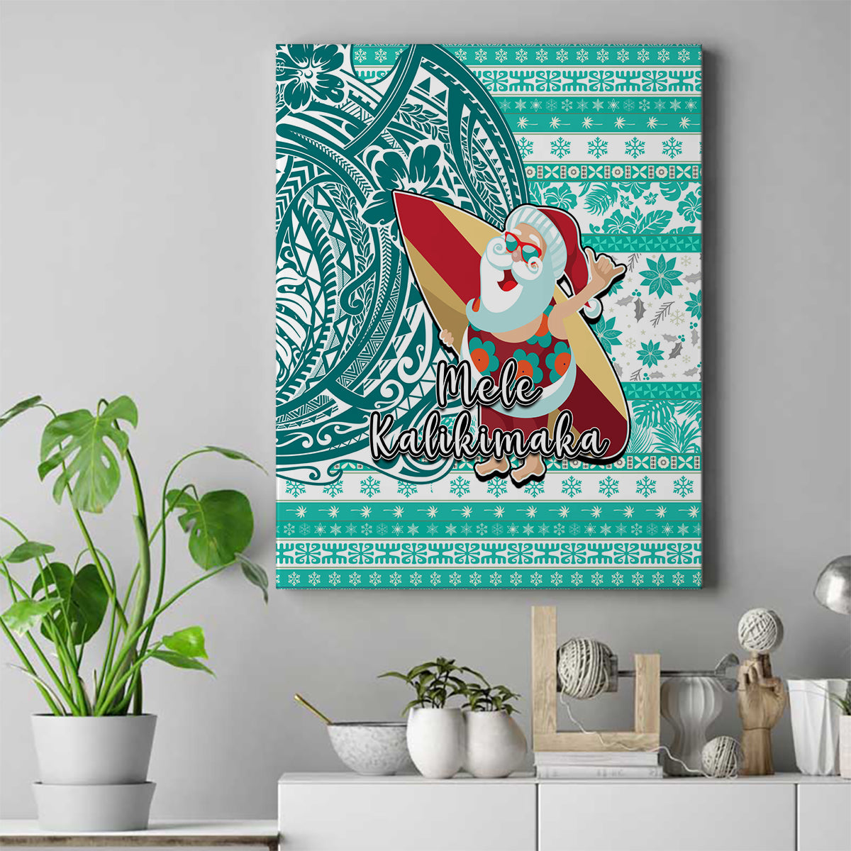 Hawaii Mele Kalikimaka Canvas Wall Art Santa Claus Surfing with Hawaiian Pattern Striped Turquoise Style LT03 Turquoise - Polynesian Pride