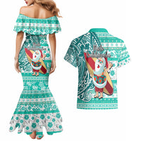 Hawaii Mele Kalikimaka Couples Matching Mermaid Dress and Hawaiian Shirt Santa Claus Surfing with Hawaiian Pattern Striped Turquoise Style LT03 - Polynesian Pride