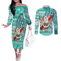 Hawaii Mele Kalikimaka Couples Matching Off The Shoulder Long Sleeve Dress and Long Sleeve Button Shirt Santa Claus Surfing with Hawaiian Pattern Striped Turquoise Style LT03 Turquoise - Polynesian Pride