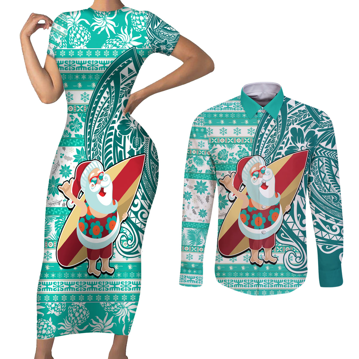 Hawaii Mele Kalikimaka Couples Matching Short Sleeve Bodycon Dress and Long Sleeve Button Shirt Santa Claus Surfing with Hawaiian Pattern Striped Turquoise Style LT03 Turquoise - Polynesian Pride