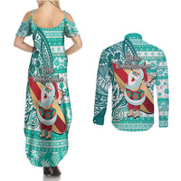 Hawaii Mele Kalikimaka Couples Matching Summer Maxi Dress and Long Sleeve Button Shirt Santa Claus Surfing with Hawaiian Pattern Striped Turquoise Style LT03 - Polynesian Pride
