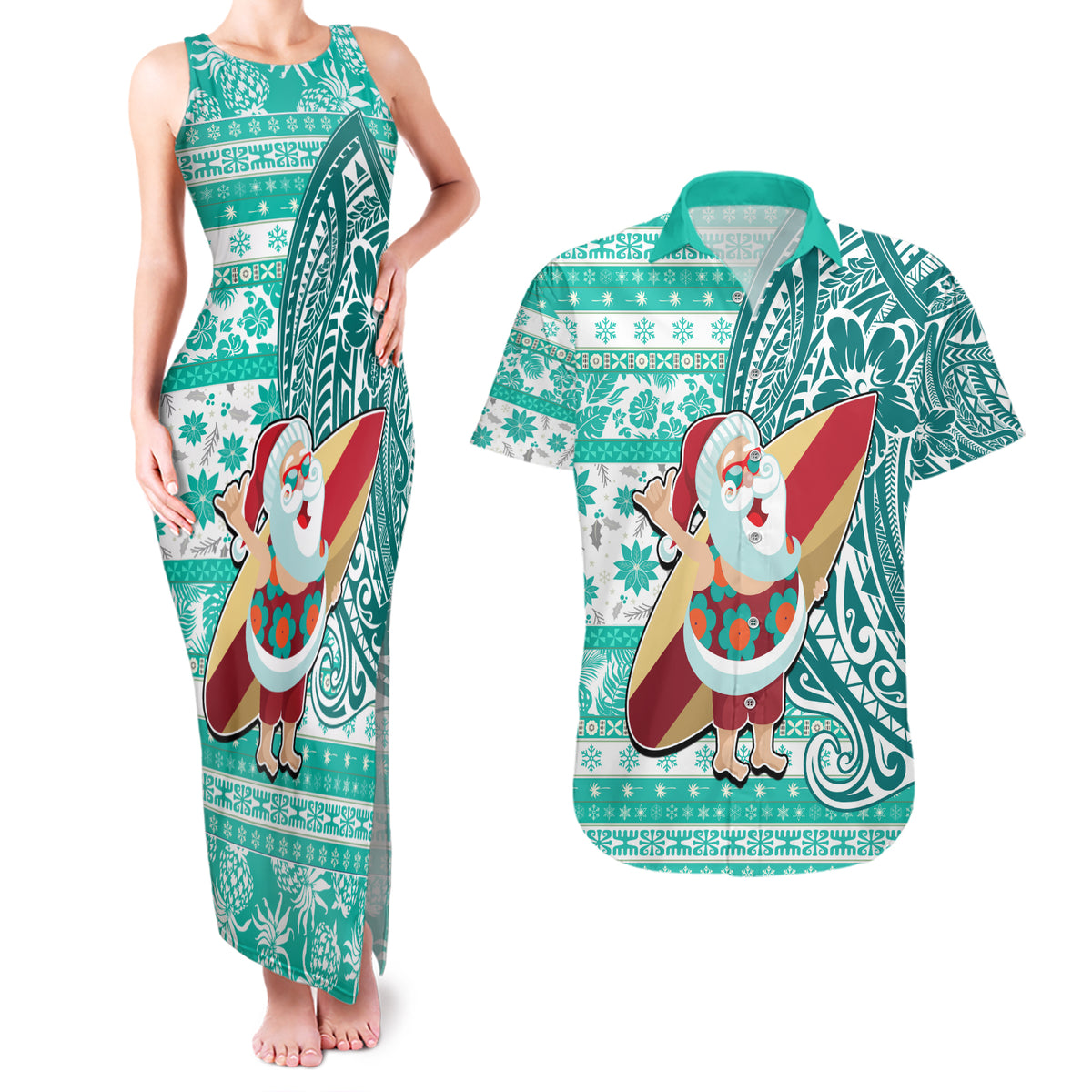 Hawaii Mele Kalikimaka Couples Matching Tank Maxi Dress and Hawaiian Shirt Santa Claus Surfing with Hawaiian Pattern Striped Turquoise Style LT03 Turquoise - Polynesian Pride