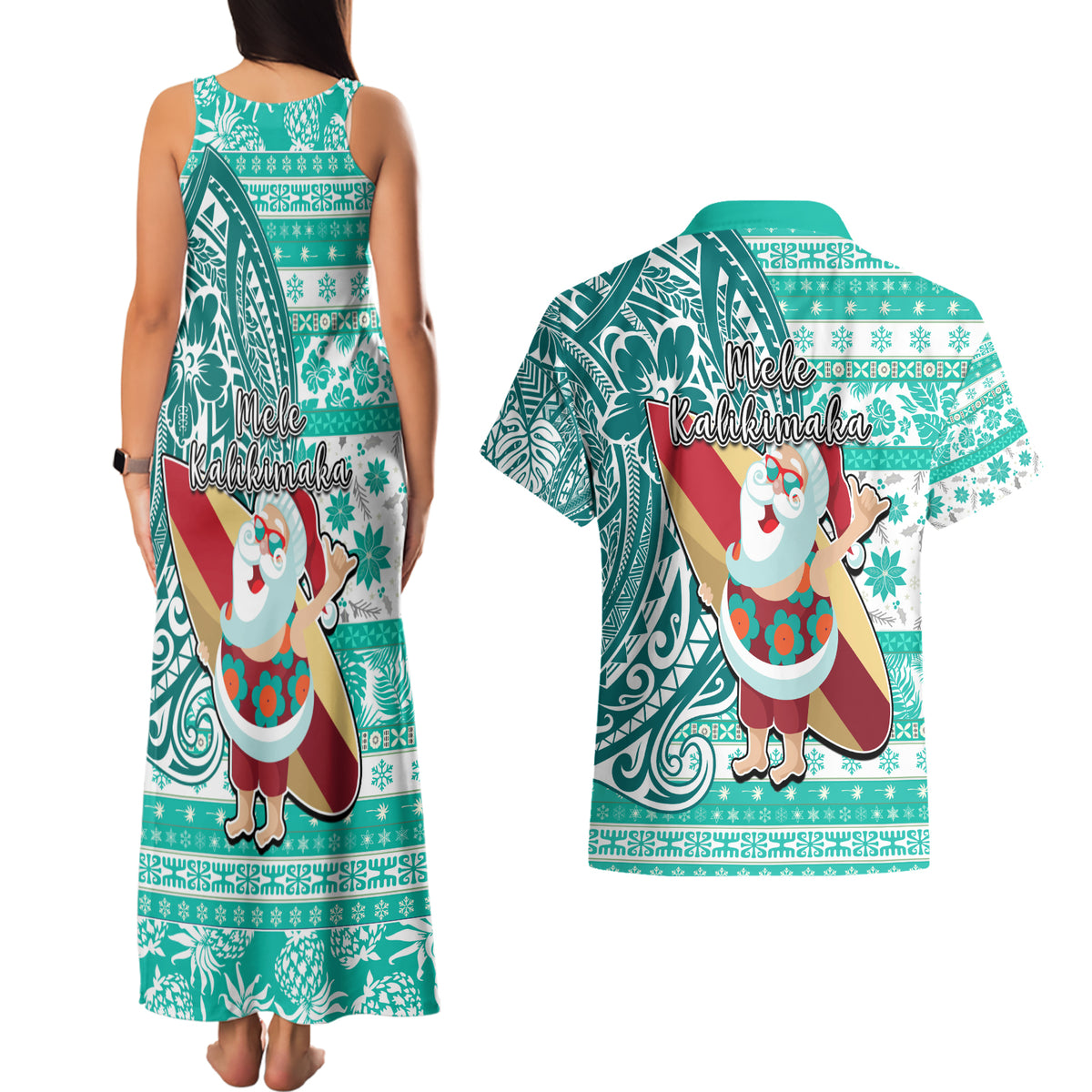 Hawaii Mele Kalikimaka Couples Matching Tank Maxi Dress and Hawaiian Shirt Santa Claus Surfing with Hawaiian Pattern Striped Turquoise Style LT03 - Polynesian Pride