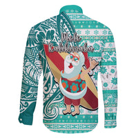 Hawaii Mele Kalikimaka Family Matching Long Sleeve Bodycon Dress and Hawaiian Shirt Santa Claus Surfing with Hawaiian Pattern Striped Turquoise Style LT03 - Polynesian Pride