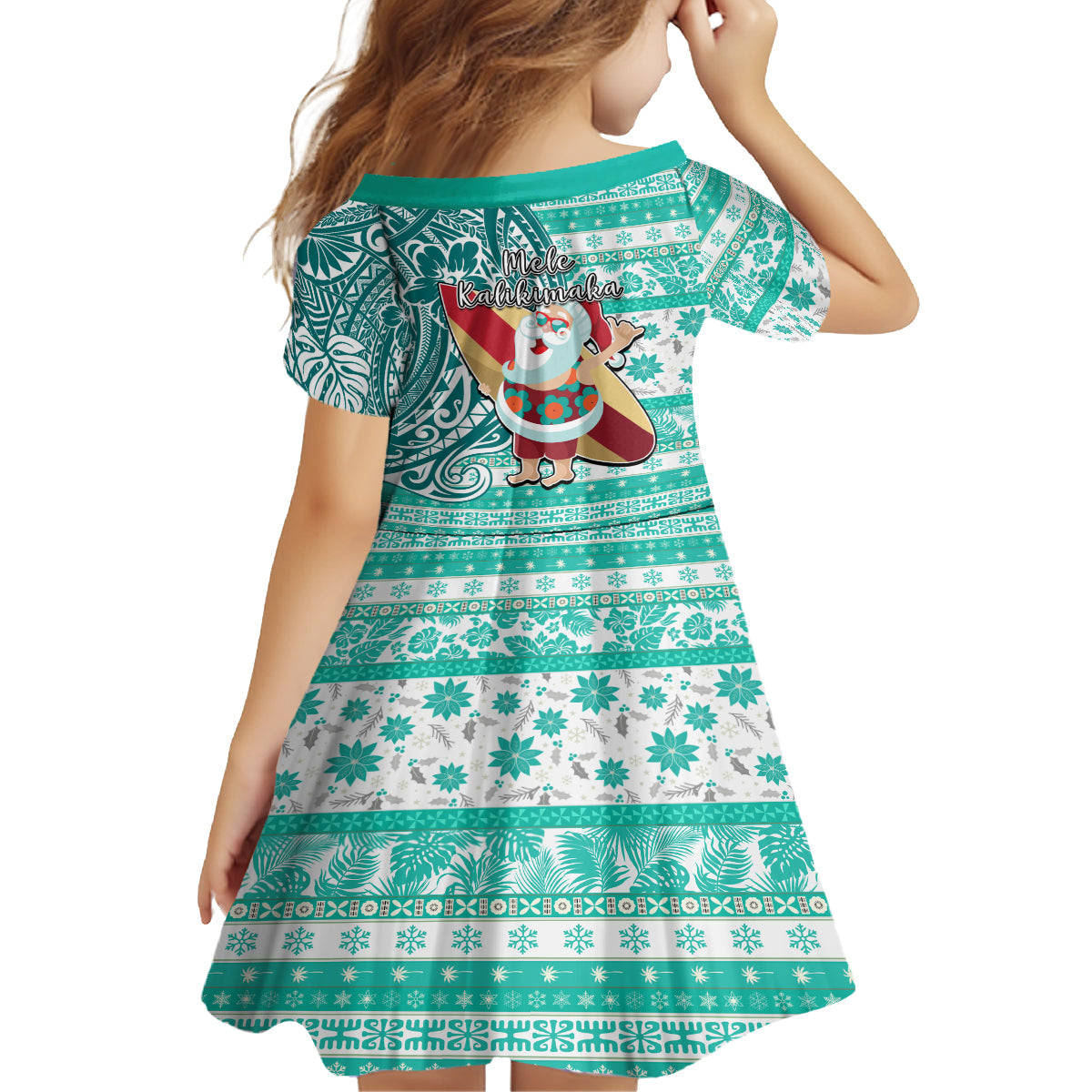 Hawaii Mele Kalikimaka Family Matching Off Shoulder Maxi Dress and Hawaiian Shirt Santa Claus Surfing with Hawaiian Pattern Striped Turquoise Style LT03 - Polynesian Pride