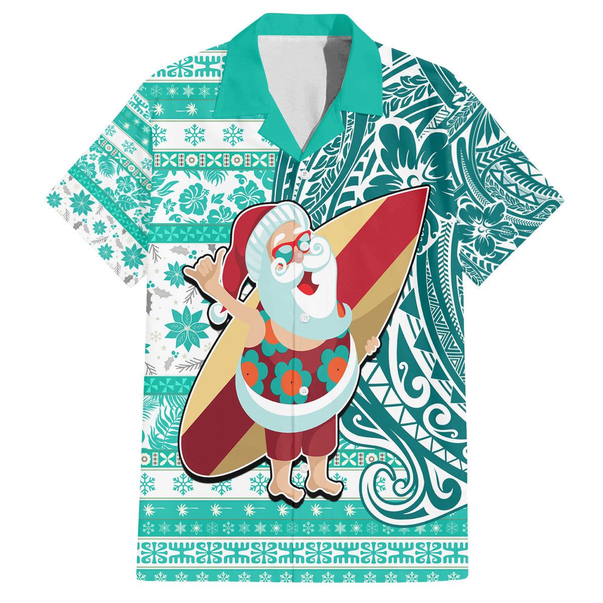 Hawaii Mele Kalikimaka Family Matching Off Shoulder Maxi Dress and Hawaiian Shirt Santa Claus Surfing with Hawaiian Pattern Striped Turquoise Style LT03 Dad's Shirt - Short Sleeve Turquoise - Polynesian Pride