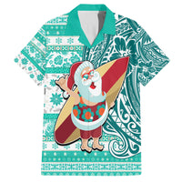 Hawaii Mele Kalikimaka Family Matching Off Shoulder Maxi Dress and Hawaiian Shirt Santa Claus Surfing with Hawaiian Pattern Striped Turquoise Style LT03 Dad's Shirt - Short Sleeve Turquoise - Polynesian Pride