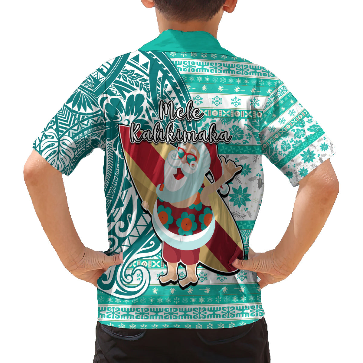 Hawaii Mele Kalikimaka Family Matching Summer Maxi Dress and Hawaiian Shirt Santa Claus Surfing with Hawaiian Pattern Striped Turquoise Style LT03 - Polynesian Pride