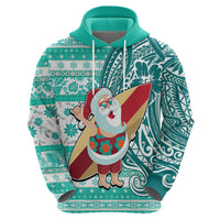 Hawaii Mele Kalikimaka Hoodie Santa Claus Surfing with Hawaiian Pattern Striped Turquoise Style LT03 - Polynesian Pride