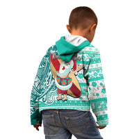 Hawaii Mele Kalikimaka Kid Hoodie Santa Claus Surfing with Hawaiian Pattern Striped Turquoise Style LT03 - Polynesian Pride