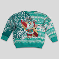 Hawaii Mele Kalikimaka Kid Ugly Christmas Sweater Santa Claus Surfing with Hawaiian Pattern Striped Turquoise Style LT03 - Polynesian Pride