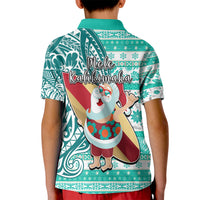 Hawaii Mele Kalikimaka Kid Polo Shirt Santa Claus Surfing with Hawaiian Pattern Striped Turquoise Style LT03 - Polynesian Pride