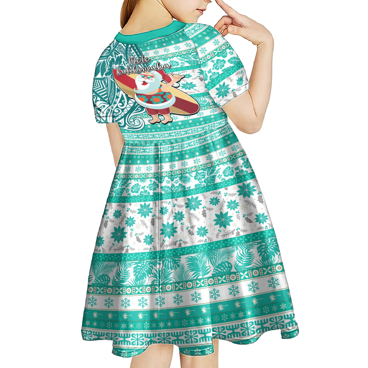 Hawaii Mele Kalikimaka Kid Short Sleeve Dress Santa Claus Surfing with Hawaiian Pattern Striped Turquoise Style LT03 - Polynesian Pride