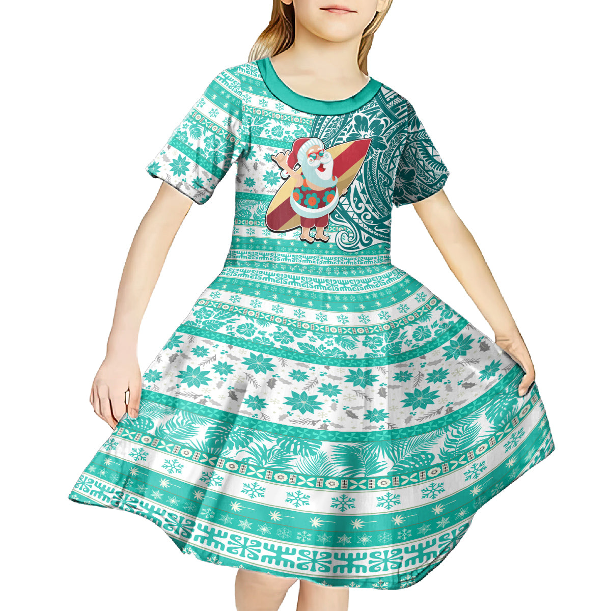 Hawaii Mele Kalikimaka Kid Short Sleeve Dress Santa Claus Surfing with Hawaiian Pattern Striped Turquoise Style LT03 - Polynesian Pride