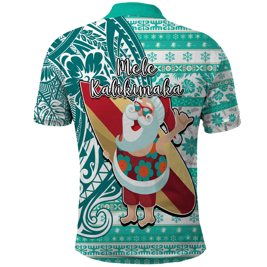Hawaii Mele Kalikimaka Polo Shirt Santa Claus Surfing with Hawaiian Pattern Striped Turquoise Style LT03 - Polynesian Pride