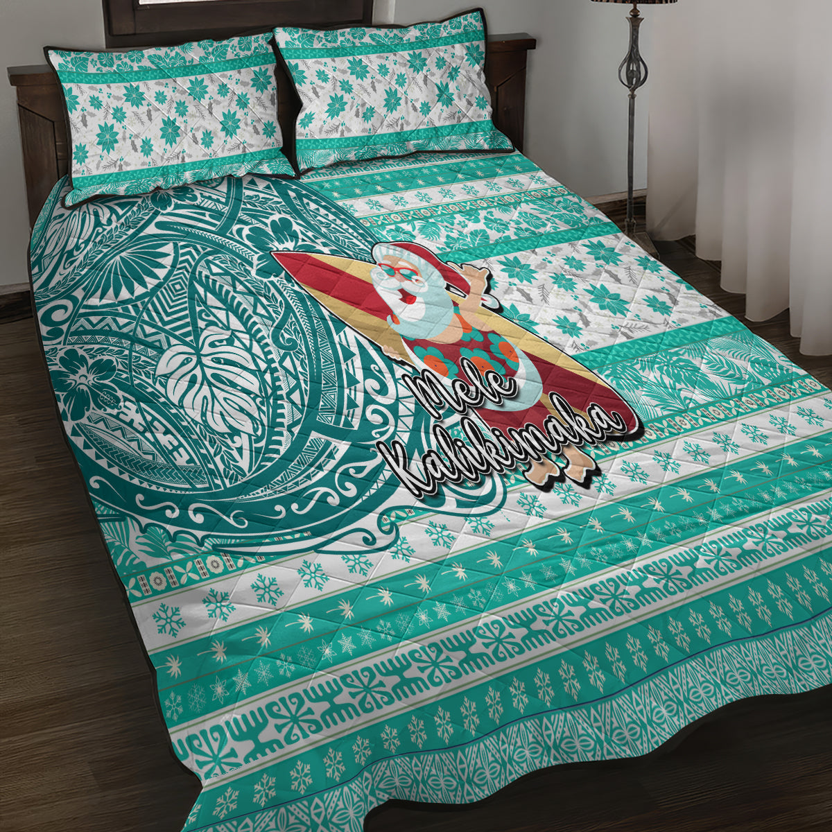 Hawaii Mele Kalikimaka Quilt Bed Set Santa Claus Surfing with Hawaiian Pattern Striped Turquoise Style LT03 - Polynesian Pride