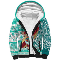 Hawaii Mele Kalikimaka Sherpa Hoodie Santa Claus Surfing with Hawaiian Pattern Striped Turquoise Style LT03 Unisex Turquoise - Polynesian Pride