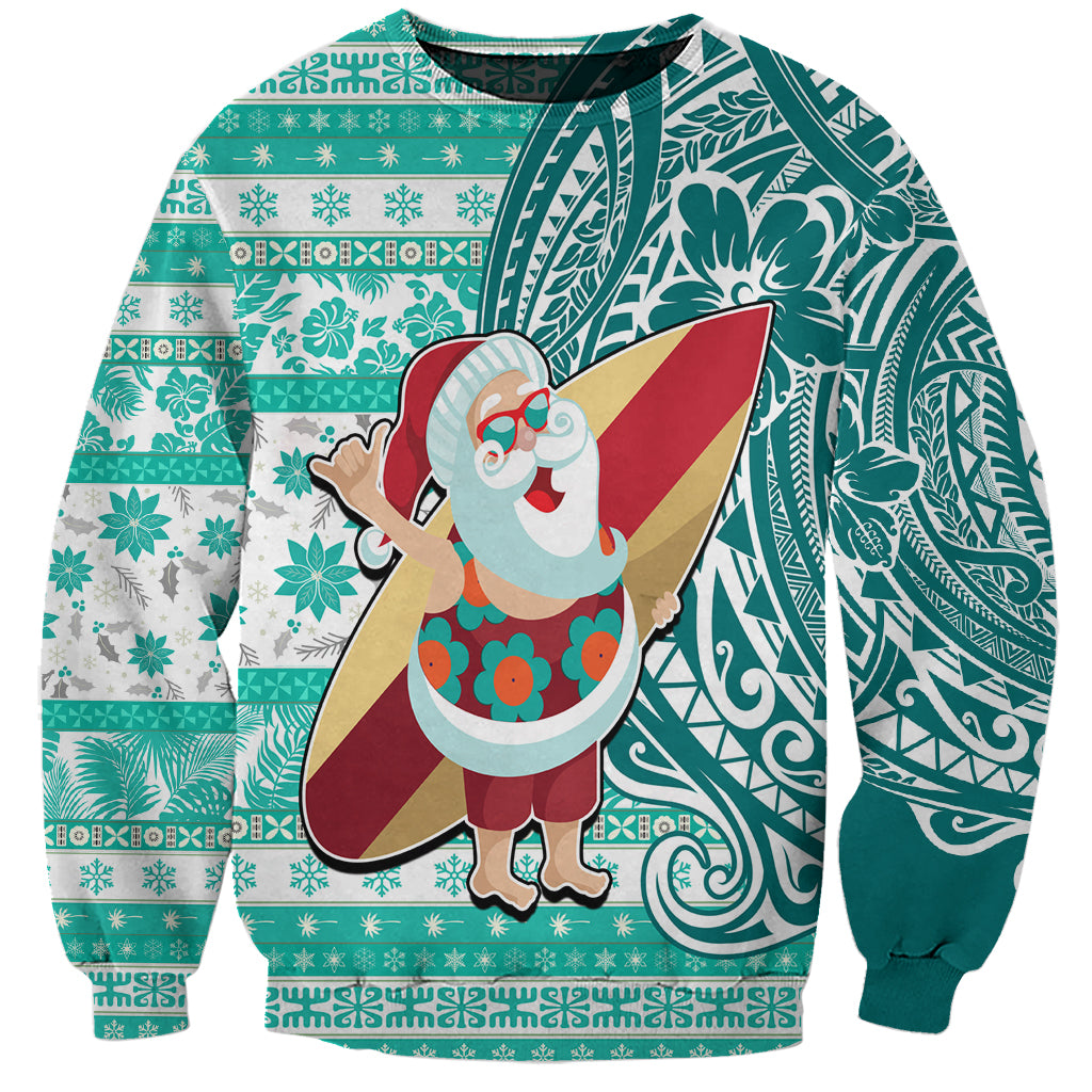 Hawaii Mele Kalikimaka Sweatshirt Santa Claus Surfing with Hawaiian Pattern Striped Turquoise Style LT03 Unisex Turquoise - Polynesian Pride