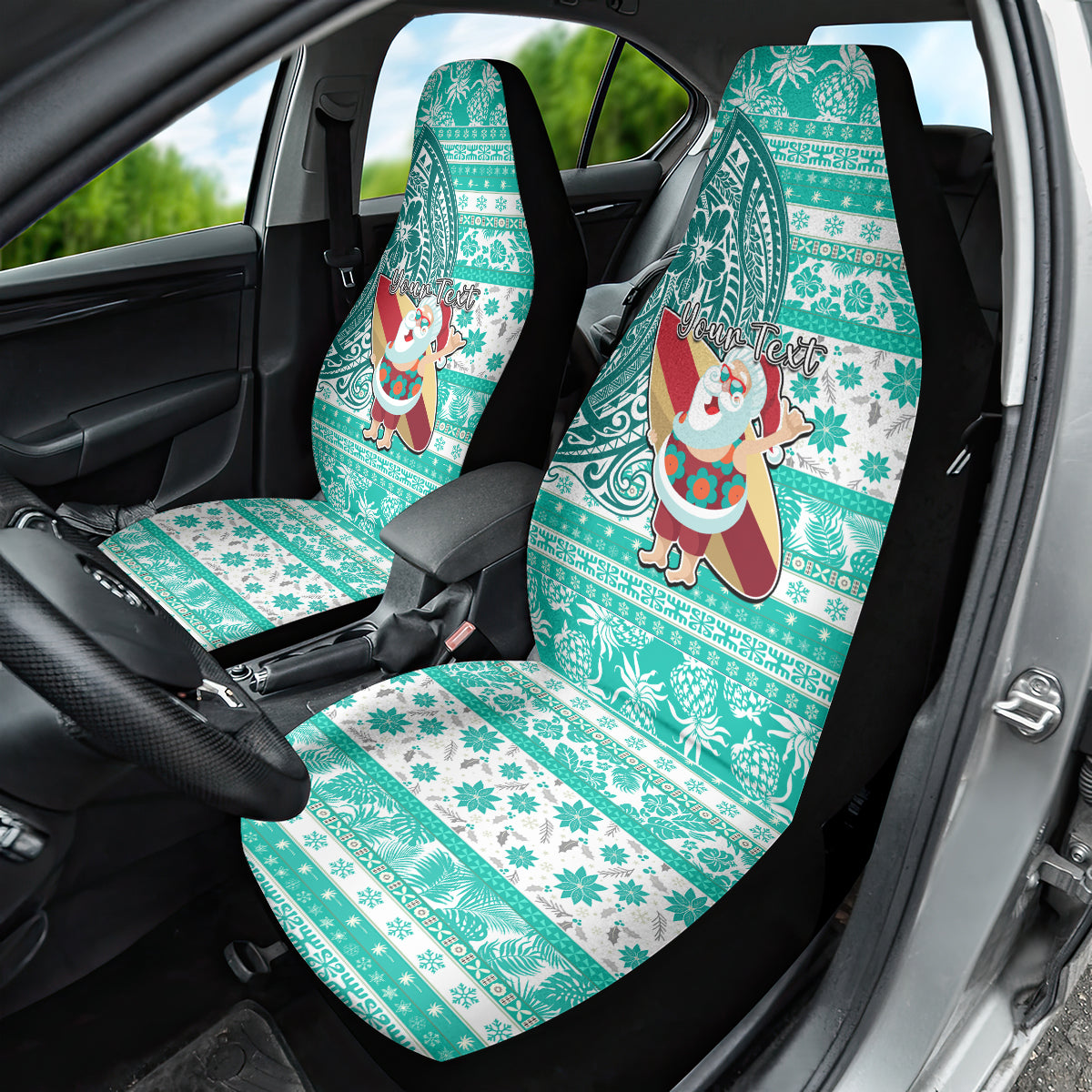 Custom Hawaii Mele Kalikimaka Car Seat Cover Santa Claus Surfing with Hawaiian Pattern Striped Turquoise Style LT03 - Polynesian Pride