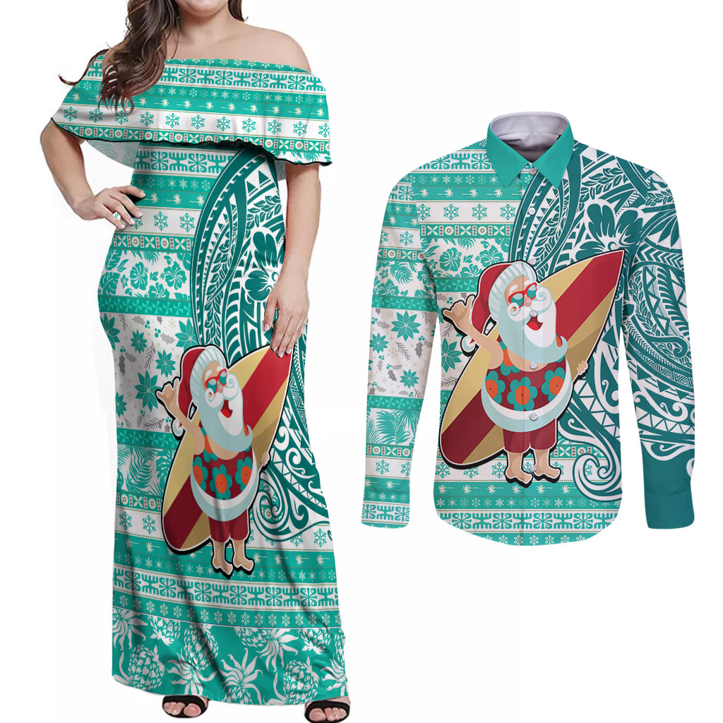 Custom Hawaii Mele Kalikimaka Couples Matching Off Shoulder Maxi Dress and Long Sleeve Button Shirt Santa Claus Surfing with Hawaiian Pattern Striped Turquoise Style LT03 Turquoise - Polynesian Pride