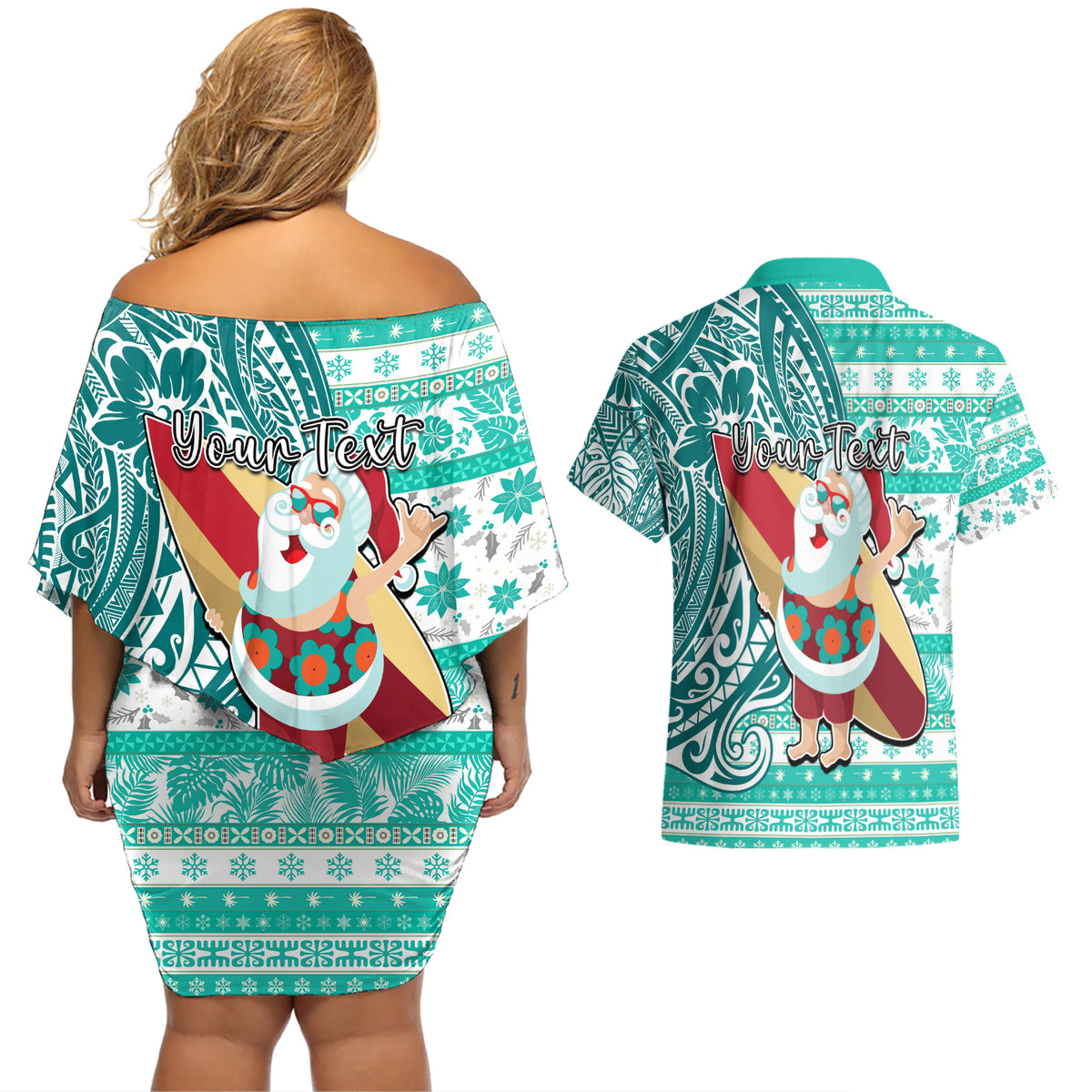 Custom Hawaii Mele Kalikimaka Couples Matching Off Shoulder Short Dress and Hawaiian Shirt Santa Claus Surfing with Hawaiian Pattern Striped Turquoise Style LT03 - Polynesian Pride