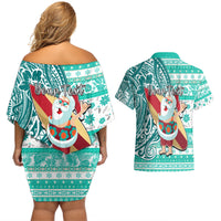 Custom Hawaii Mele Kalikimaka Couples Matching Off Shoulder Short Dress and Hawaiian Shirt Santa Claus Surfing with Hawaiian Pattern Striped Turquoise Style LT03 - Polynesian Pride