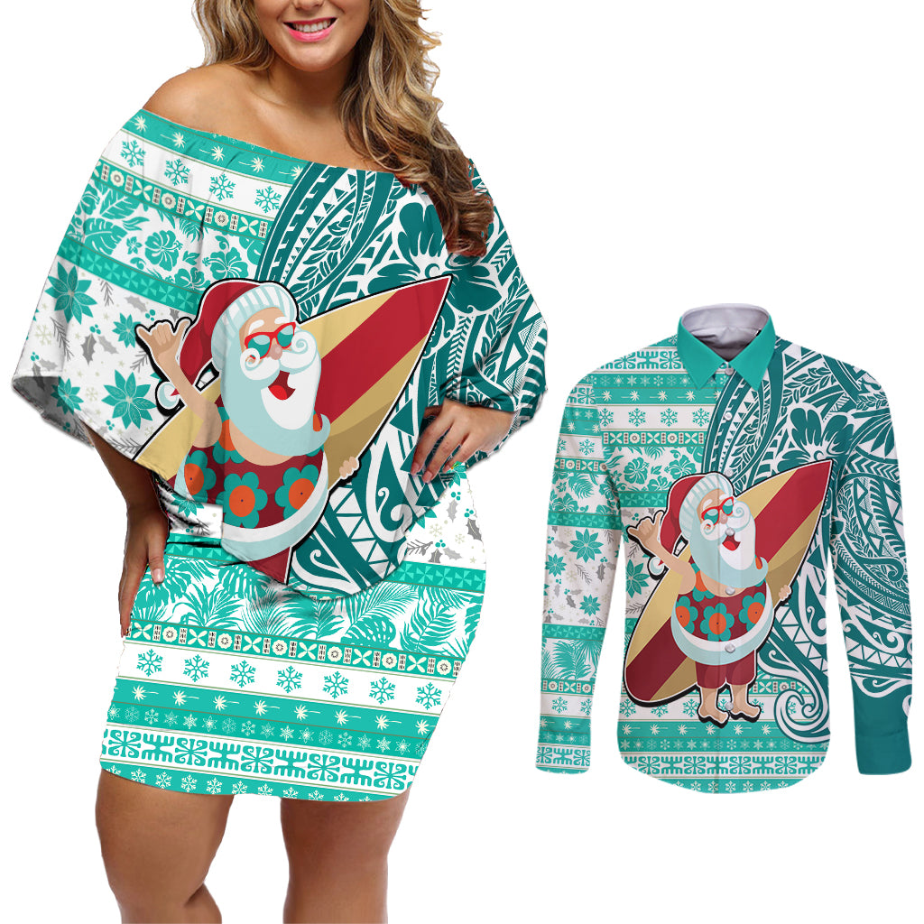 Custom Hawaii Mele Kalikimaka Couples Matching Off Shoulder Short Dress and Long Sleeve Button Shirt Santa Claus Surfing with Hawaiian Pattern Striped Turquoise Style LT03 Turquoise - Polynesian Pride