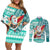 Custom Hawaii Mele Kalikimaka Couples Matching Off Shoulder Short Dress and Long Sleeve Button Shirt Santa Claus Surfing with Hawaiian Pattern Striped Turquoise Style LT03 Turquoise - Polynesian Pride