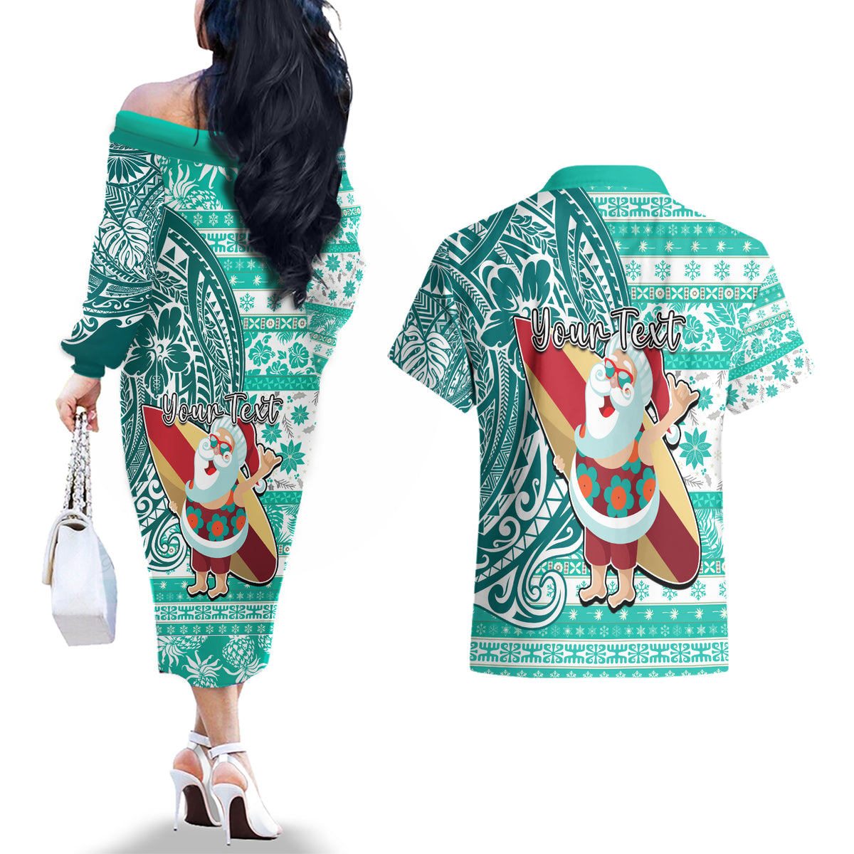 Custom Hawaii Mele Kalikimaka Couples Matching Off The Shoulder Long Sleeve Dress and Hawaiian Shirt Santa Claus Surfing with Hawaiian Pattern Striped Turquoise Style LT03 - Polynesian Pride