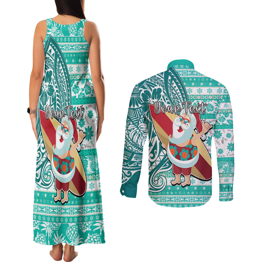 Custom Hawaii Mele Kalikimaka Couples Matching Tank Maxi Dress and Long Sleeve Button Shirt Santa Claus Surfing with Hawaiian Pattern Striped Turquoise Style LT03 - Polynesian Pride