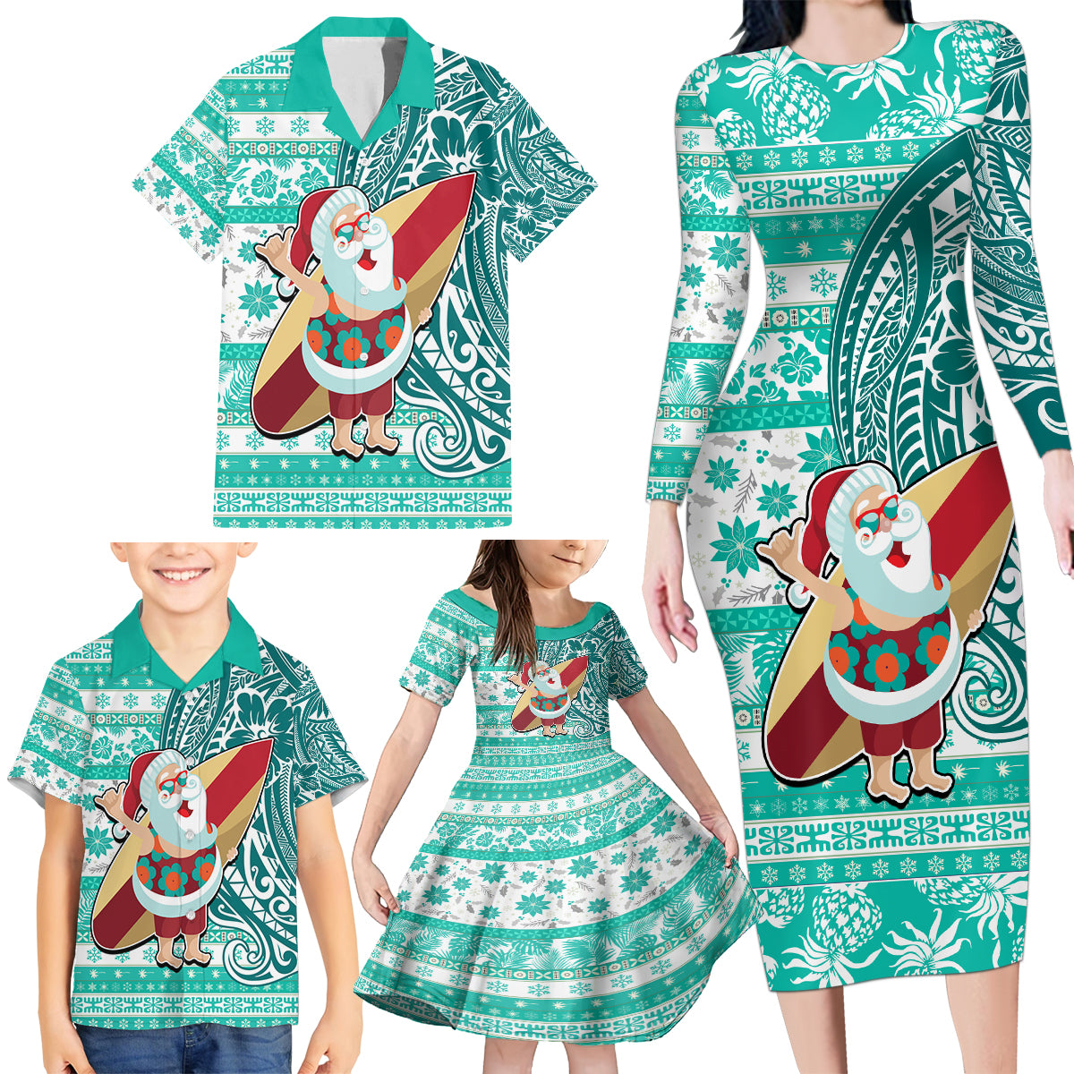 Custom Hawaii Mele Kalikimaka Family Matching Long Sleeve Bodycon Dress and Hawaiian Shirt Santa Claus Surfing with Hawaiian Pattern Striped Turquoise Style LT03 - Polynesian Pride