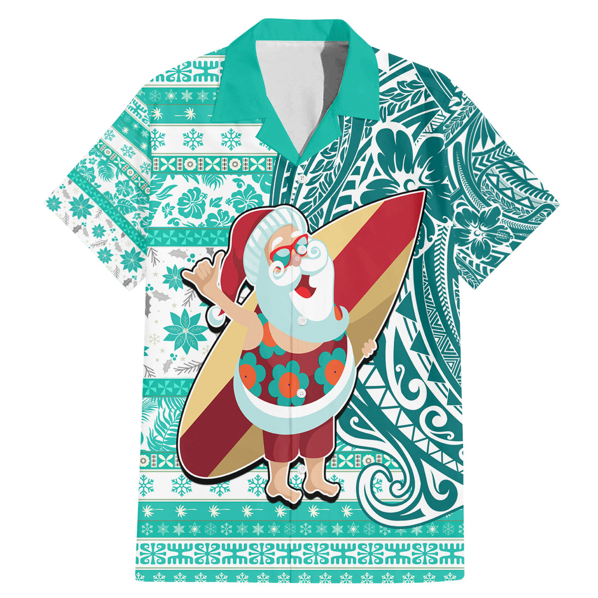 Custom Hawaii Mele Kalikimaka Family Matching Mermaid Dress and Hawaiian Shirt Santa Claus Surfing with Hawaiian Pattern Striped Turquoise Style LT03 Dad's Shirt - Short Sleeve Turquoise - Polynesian Pride