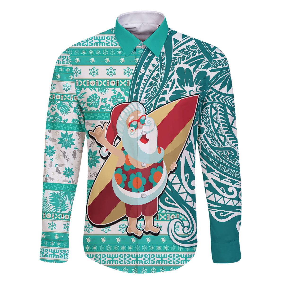 Custom Hawaii Mele Kalikimaka Family Matching Off Shoulder Long Sleeve Dress and Hawaiian Shirt Santa Claus Surfing with Hawaiian Pattern Striped Turquoise Style LT03 Dad's Shirt - Long Sleeve Turquoise - Polynesian Pride