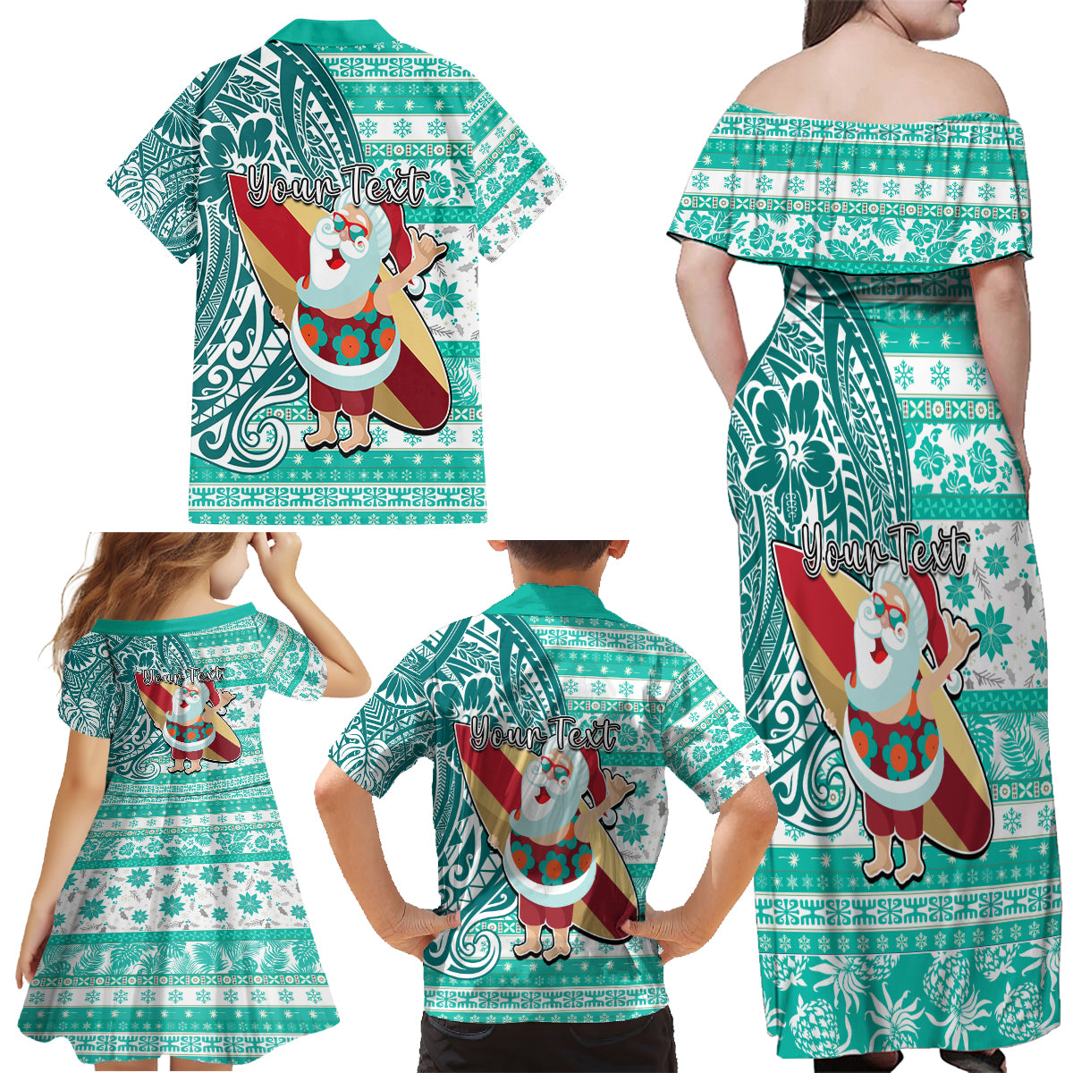 Custom Hawaii Mele Kalikimaka Family Matching Off Shoulder Maxi Dress and Hawaiian Shirt Santa Claus Surfing with Hawaiian Pattern Striped Turquoise Style LT03 - Polynesian Pride