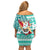 Custom Hawaii Mele Kalikimaka Family Matching Off Shoulder Short Dress and Hawaiian Shirt Santa Claus Surfing with Hawaiian Pattern Striped Turquoise Style LT03 - Polynesian Pride