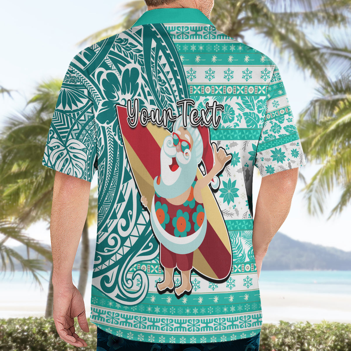 Custom Hawaii Mele Kalikimaka Hawaiian Shirt Santa Claus Surfing with Hawaiian Pattern Striped Turquoise Style LT03 - Polynesian Pride