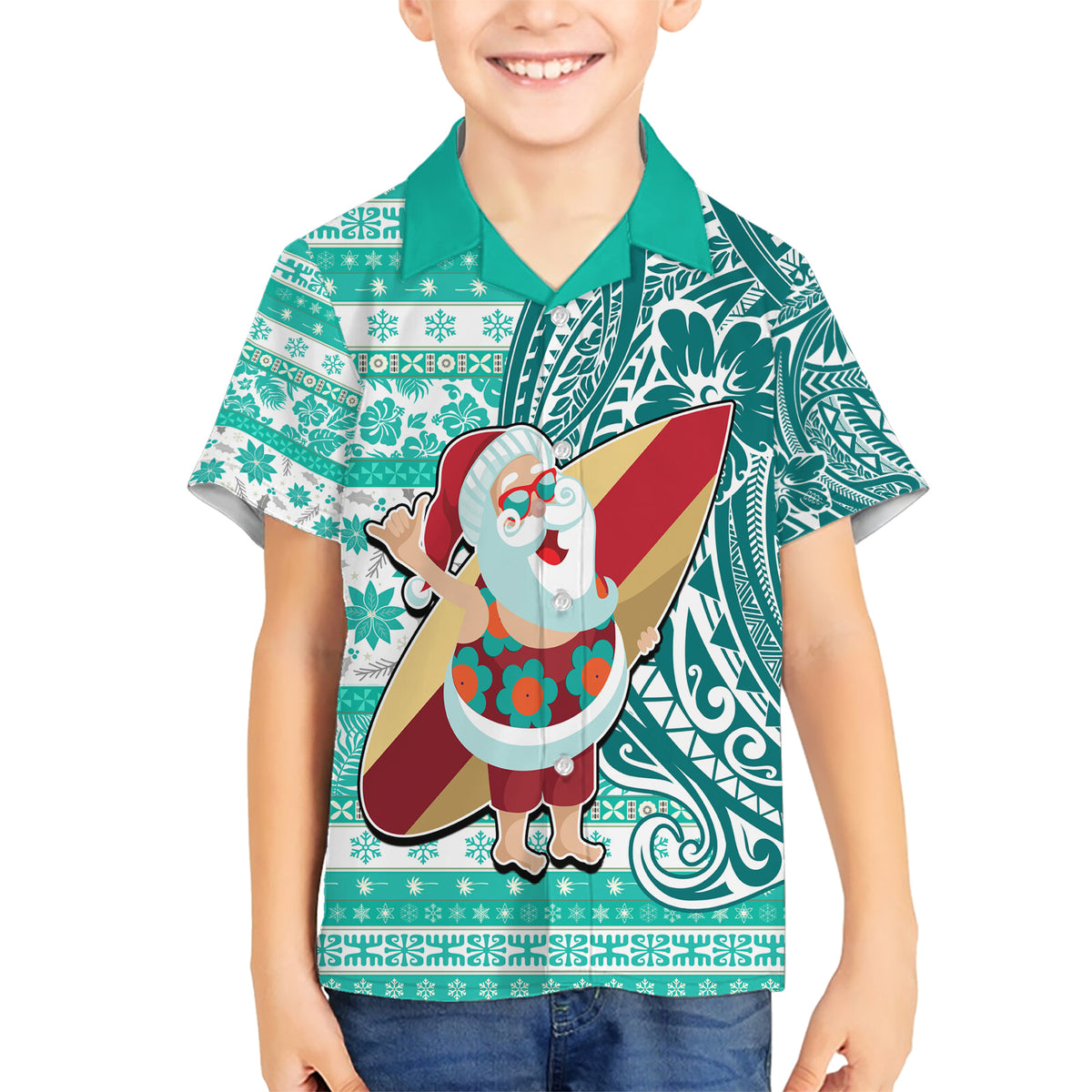 Custom Hawaii Mele Kalikimaka Kid Hawaiian Shirt Santa Claus Surfing with Hawaiian Pattern Striped Turquoise Style LT03 Kid Turquoise - Polynesian Pride