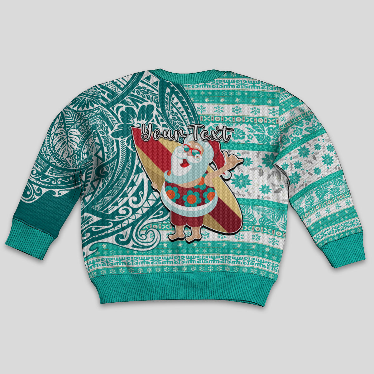 Custom Hawaii Mele Kalikimaka Kid Ugly Christmas Sweater Santa Claus Surfing with Hawaiian Pattern Striped Turquoise Style LT03 - Polynesian Pride