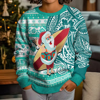 Custom Hawaii Mele Kalikimaka Kid Ugly Christmas Sweater Santa Claus Surfing with Hawaiian Pattern Striped Turquoise Style LT03 - Polynesian Pride