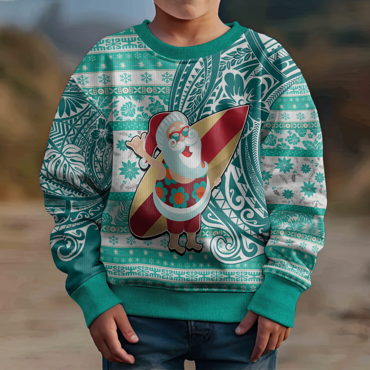 Custom Hawaii Mele Kalikimaka Kid Ugly Christmas Sweater Santa Claus Surfing with Hawaiian Pattern Striped Turquoise Style LT03 - Polynesian Pride