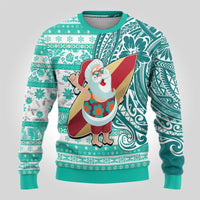 Custom Hawaii Mele Kalikimaka Ugly Christmas Sweater Santa Claus Surfing with Hawaiian Pattern Striped Turquoise Style LT03 - Polynesian Pride