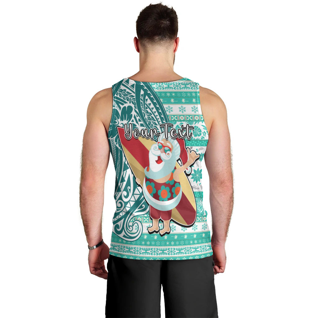 Custom Hawaii Mele Kalikimaka Men Tank Top Santa Claus Surfing with Hawaiian Pattern Striped Turquoise Style LT03 - Polynesian Pride