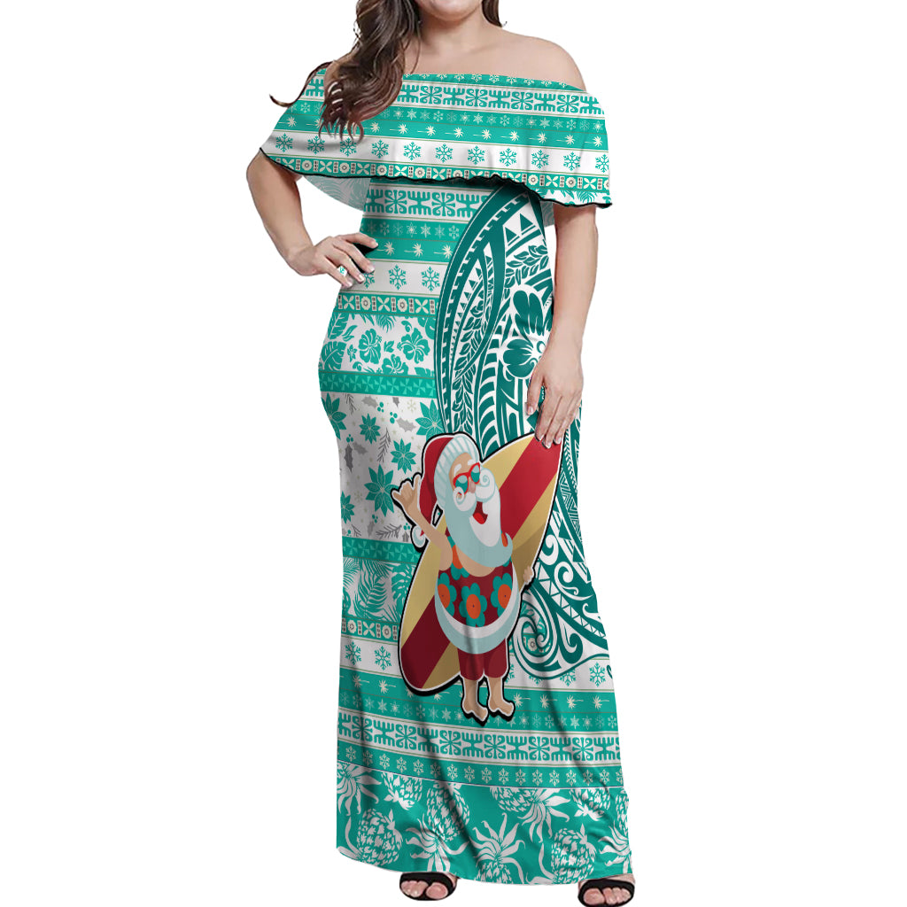 Custom Hawaii Mele Kalikimaka Off Shoulder Maxi Dress Santa Claus Surfing with Hawaiian Pattern Striped Turquoise Style LT03 Women Turquoise - Polynesian Pride